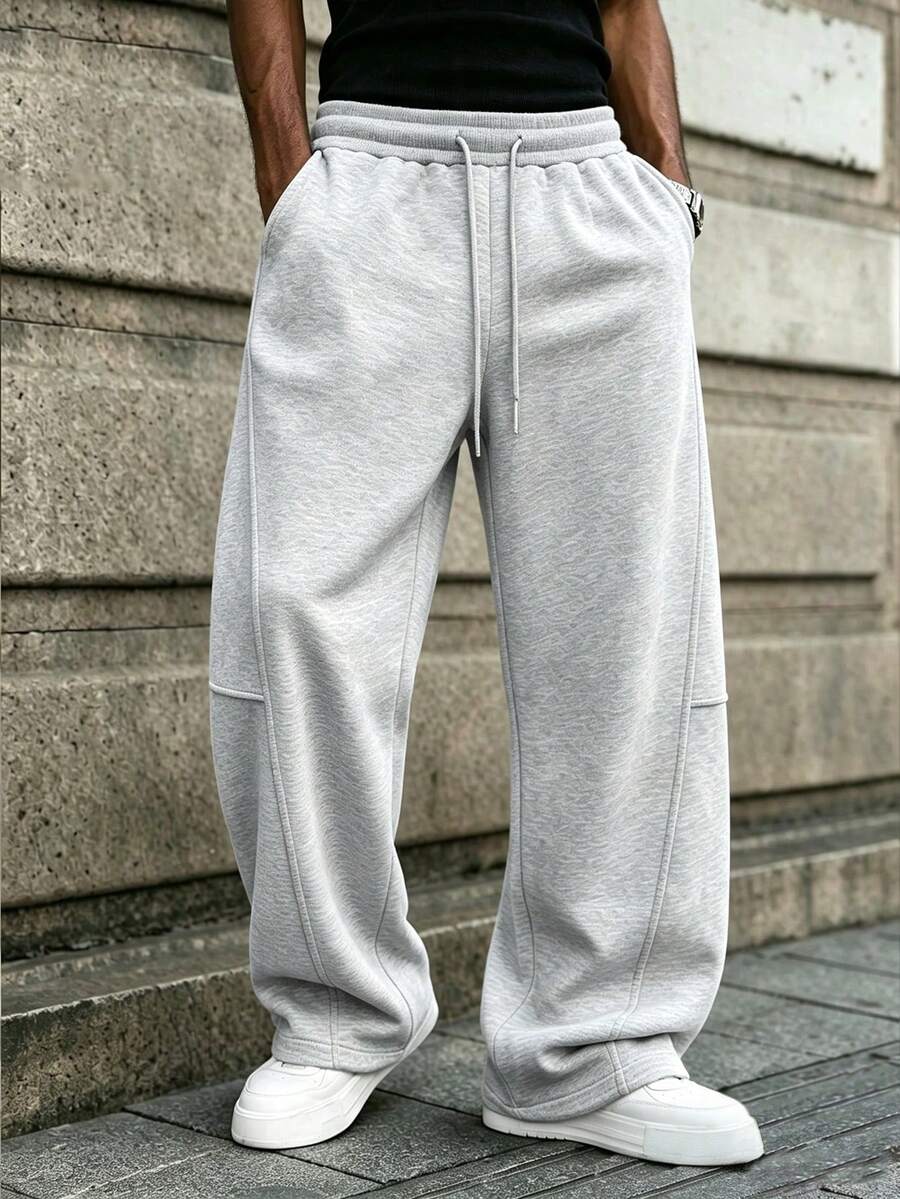 Celana Panjang Olahraga Kasual Longgar Pria Warna Polos dengan Tali Serut di Pinggang dan Saku, Bahan Rajut - Light Grey - View 1