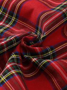 Purechapter Tween Girls European And American Style Cold Shoulder Elegant Plaid Asymmetric Hem Dress, Spring/Autumn New Arrival, Suitable For Daily Casual Outdoor Holiday Wear - Red and Black - View 7