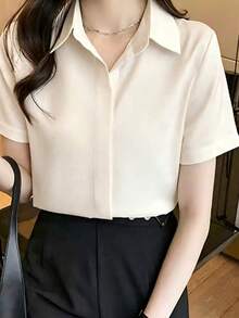Women's Elegant Commuter Solid Color Front Button Short Sleeve Blouse, Summer - Apricot - View 4