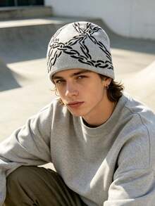 1pc Unisex Chain Jacquard Knit Beanie, Millennium Gothic Intertwined Chain Pattern Elastic Pull-On Hat, Streetwear Style, Suitable For Daily Wear, Skateboarding, Outdoor, Autumn/Winter - A - View 8