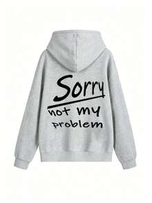 Women's Street Style Hooded Sweatshirt, Relaxed Fit Back Slogan Print Long Sleeve Pullover - Grey - View 5