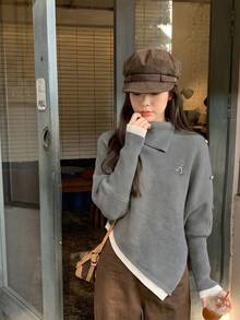 Grey Design Slouchy Asymmetrical Batwing Sleeve High Neck Cape 2 In 1 Sweater Women Autumn/Winter Loose Knit Top - Grey - View 4