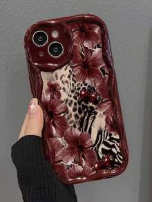 Floral Painted Cream Wavy Edge Burgundy Flat Print Anti-Drop Fashion Cute Phone Case, Compatible With IPhone 17/17 Pro/17 Pro Max/16/16 Pro/16 Pro Max/16 Plus/10/14/15, P14 Thickened P13 Soft Shell P12 Full Coverage P11 Anti-Drop Creative Phone Case - Multicolor - View 6
