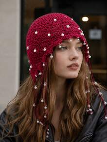 1pc Women's Spring Summer Autumn Knitted Hat, Vintage Handmade Hollow Crochet Pearl Tassel Beanie, Atmospheric Versatile Knitted Hat, Niche Personalized Lace Hat, Suitable For Outfit, Photography, Travel, Daily Use - Beanie - View 4