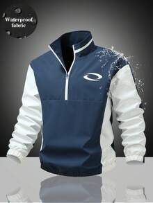 Men's Colorblock Half-Zip Stand Collar Pullover Windbreaker Jacket, Functional Half-Open Front Jacket With Curved Logo Embroidery And Elastic Cuffs, Casual Sports Top For Spring And Autumn - Navy Blue - View 3