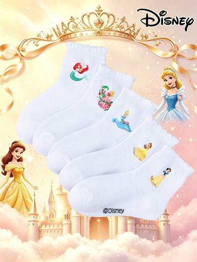 Disney Princess 1/5 pares de calcetines cortos clásicos para niñas, calcetines de seda de hielo delgados acanalados para primavera/verano, transpirables, calcetines de media pantorrilla para niños, color base blanco puro, bordado de Jasmine, Elsa, Ariel, Cenicienta y Bella, diseño elástico con borde de volantes, vuelta a la escuela