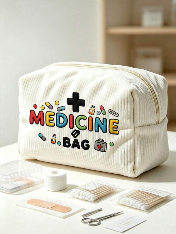 New 2D Flat "Medicine" Pattern Printed Portable Medicine Storage Bag/Pill Box/First Aid Kit/Cosmetic Bag, Suitable For Daily Use, Outdoor Activities And Travel; Convenient Medicine Storage Solution, Can Organize Medicines, Cosmetics, Phones And Other Small Items; Travel Essential, Suitable As Christmas Gift, Personalized Gift Bag, Small Exchange Gift Or Home Decor.