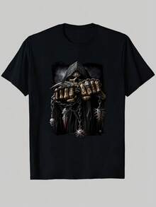 Camiseta negra con la figura del Grim Reaper sosteniendo un cartel de "Game Over" y cadenas para Halloween y eventos de música rock. - Negro - Ver 1