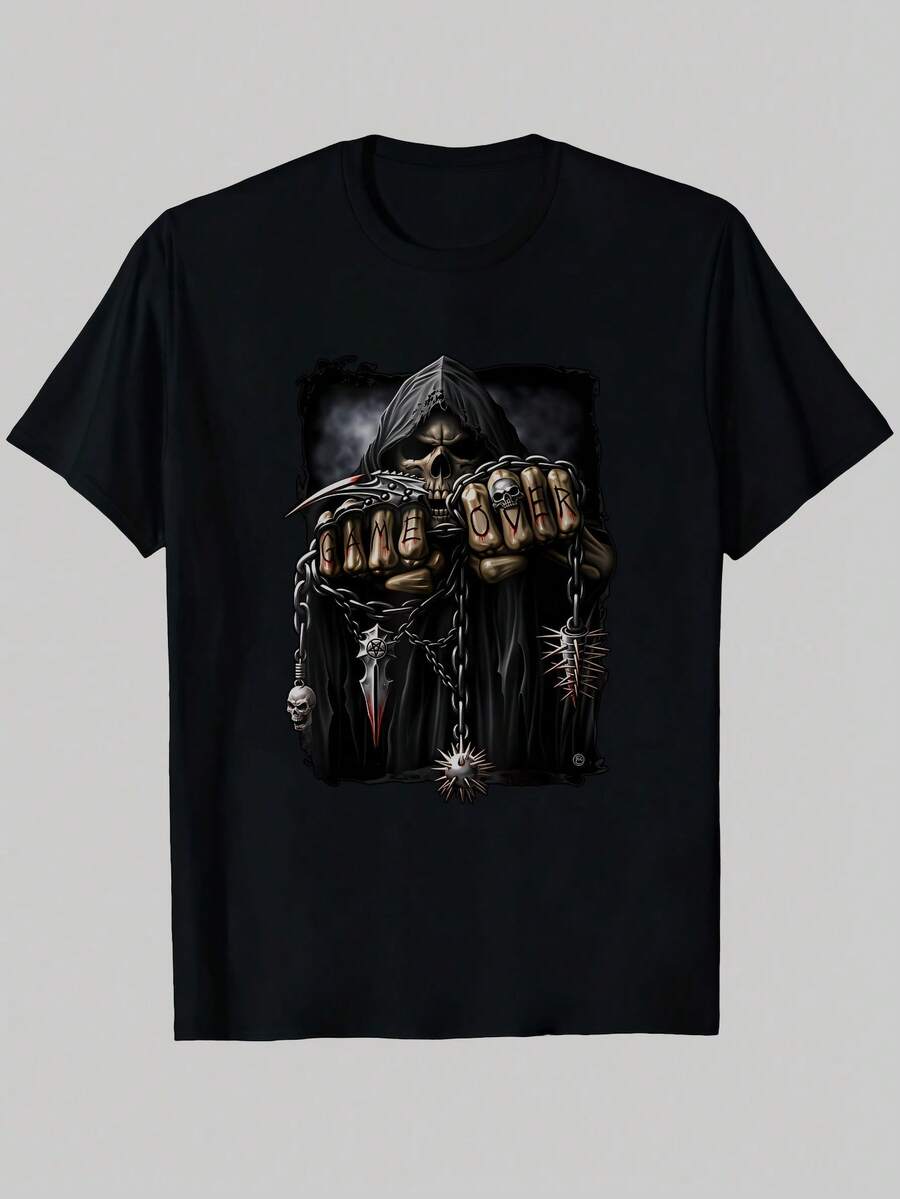Camiseta negra con la figura del Grim Reaper sosteniendo un cartel de "Game Over" y cadenas para Halloween y eventos de música rock. - Negro - Ver 1
