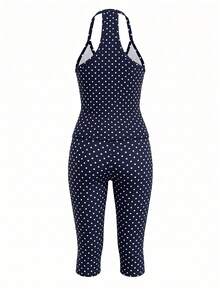 GLAMSKIN 女款夏秋基礎款波點細肩帶兩件式居家服套裝上衣，返校休閒街頭風優雅款 - 藏青底白波點 - 查看 5