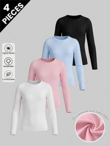 4pcs Tween Girls Basic Solid Long Sleeve T-Shirts Soft Stretchy Crew Neck Pullover Tops Fall School Outfits - Multicolor - View 2