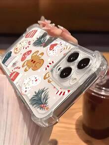 1pc Transparent Four-Corner Airbag Anti-Drop Phone Case, Christmas Atmosphere Phone Case, Transparent Base + Gingerbread Man & Christmas Socks Pattern, Raised Camera Lens, Non-Yellowing Soft Shell, Compatible With Apple 11, 12, 13, 14, 15, 16, 17 Pro Max Models, Summer Beach Style Phone Case, Suitable For Women And Girls, Compatible With Galaxy, Honor, Phones - Clear - View 5