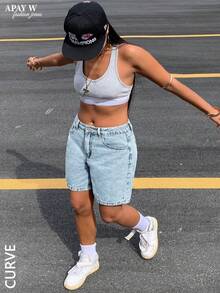 Plus Size Women's Solid Color Bermuda Denim Shorts Casual Summer - Snowflake - View 6