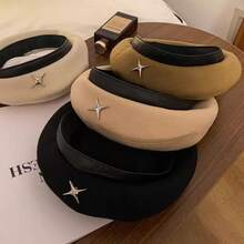 Sweet Metal Four-Pointed Star Beret Hat For Women, Autumn/Winter Face-Slimming Vintage Painter Hat, Wool Felt With Leather Brim, Korean Style Newsboy Cap, Daily Versatile Fashion Octagonal Hat - Butterfly - View 3
