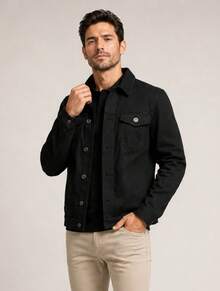 Jaqueta Jeans Masculina Preto Moderna Estilo Casual Homem Denim Moda Outono Inverno - Preto - Visão 5