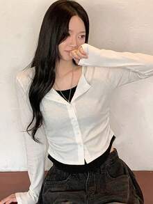 YCYC 韓系休閒百搭修身女款假兩件式鈕扣針織開襟衫 - 白色 - 查看 4