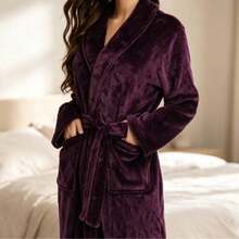 Women's Autumn/Winter Thick Coral Fleece Bathrobe, Long Design, Lapel Collar With Waist Tie, Soft And Warm, With Pockets, Suitable For Home Use As Morning Robe Or Bathrobe - Purple - View 6