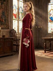 Vintage Renaissance Medieval Court Style Gold Velvet Lace-Up Waist Dress, Stage Performance Costume - Red - View 3