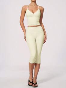 NcmRyu Women's One Set Contrast Color White Line Spaghetti Strap V-Neck Y-Back Tank Top And Butt-Lifting Mid-Length Shorts Sports Outfit - Apricot - View 6