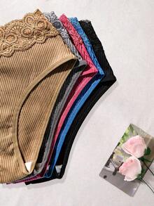 5pcs Women's Comfortable Pure Cotton Fabric Patchwork Sexy Lace Trim Elegant High Waist Triangle Panties - Multicolor - View 5