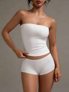 XLLAIS Sexy Strapless Basic Camisole, Fashionable Solid Color Elastic Fitted White Tube Top, Suitable For All Seasons Casual Summer, Clean Girl Aesthetic - White - View 2