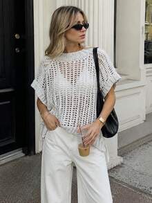 Women's Short Knit Pullover Sweater Top, Elegant Short Sleeve Knit Blouse, Fashionable Women's Sweater, Suitable For Autumn And Winter - Grey - View 2