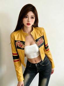 Top Dazzle Chic Women's Yellow Cropped Faux Leather Jacket, Long Sleeve Zipper Baseball Collar Shacket For A Stylish Fall Outfit - Yellow - View 2