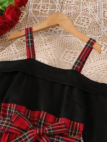Purechapter Tween Girls European And American Style Cold Shoulder Elegant Plaid Asymmetric Hem Dress, Spring/Autumn New Arrival, Suitable For Daily Casual Outdoor Holiday Wear - Red and Black - View 3