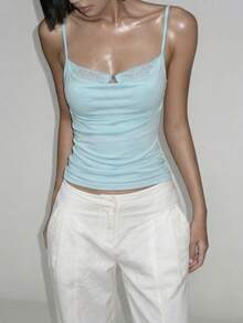 Top Dazzle Chic Women's Turquoise Knitted Short Sleeve V-Neck Top, Regular Hem And Ruffle Neck Details, Medium Stretch For A Stunning Fit - Blue - View 2
