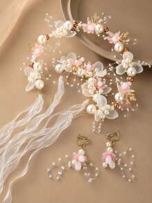 4pcs Floral Bridal Hair Accessories And Clip Earrings Set, Organza Ribbon Tassel Pearl Flower Wedding Headband, Elegant Bridal Hair Accessory Set - Multicolor - View 6