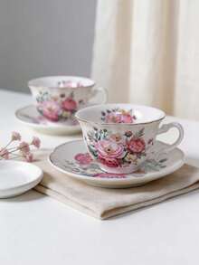 1pc 80ml Mini Espresso Cup With Saucer, Vintage Rose Floral Ceramic Coffee Cup, Korean Ins Style, Gold Rim Design, Suitable For Coffee, Tea, Latte, Home Decor And Gift - White - View 2