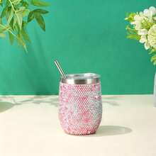 12oz Sparkling Rhinestone Straw Cup With Lid, 304 Stainless Steel Double-Wall Vacuum Insulated Wine Egg Cup, Travel And Vacation Essential - Multicolor - View 12