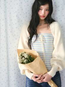 Korean Style Contrast Stripe Bandeau Top & Knitted Cardigan 2pcs Set, Slim Fit Flattering Top Outfit For Women, Autumn/Winter - White - View 4