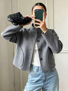 Women's Chic Gray Stand Collar Button Detail Long Sleeve Regular Fit Coat For Home, Office, Vacation, Holiday, Spring Fall Winter - Grey - View 11