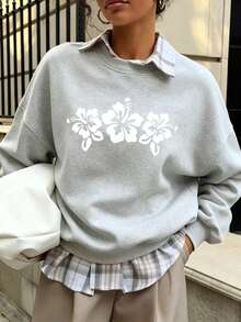 Women's Cream Long Sleeve Sweatshirt, Black Hibiscus Flower Graphic Print, Tropical Hawaiian Style Pullover Top, Casual Streetwear Fashion - Grey - View 2