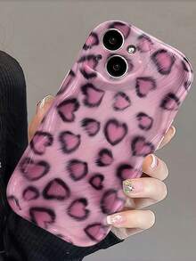1pc Creamy Big Wave Ins Style Minimalist Gentle Personalized Pink Leopard Print Heart Pattern Phone Case, Milky White Wavy Full Coverage Lens Soft Shell Compatible With Samsung, Series Phones - White - View 3