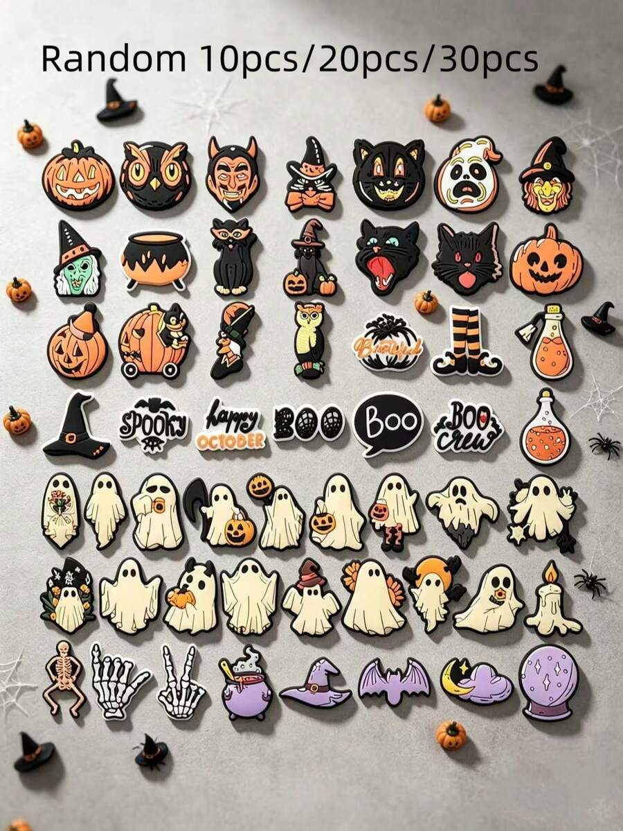 10pcs/20pcs/30pcs Halloween Ghost Pumpkin DIY Shoe Charms, Funny Halloween Series Pattern, Suitable For Slippers, Sandals, Casual Shoes - Multicolor - View 1