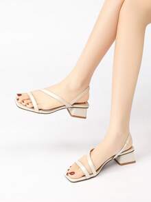 Sandalias de mujer con punta cuadrada francesa y tacón grueso, punta abierta, tacón medio, unicolor, sandalias de moda minimalista de verano, forro suave, tacón grueso cómodo con soporte estable, fáciles de poner, múltiples opciones de colores frescos, adecuadas para el uso diario, viajes, citas, combinando con faldas, vestidos, pantalones largos, alargando las líneas de las piernas, sandalias de mujer suaves, elegantes y versátiles - Albaricoque - Ver 3