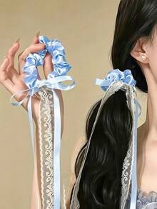 4/2pcs Rhinestone Lace Satin Ribbon Scrunchies, High Elasticity Non-Damaging Hair Accessories, Sweet And Cute Hair Ties - Suitable For Girls And Women, Daily, Vacation, School, Dating - Multicolor - View 4