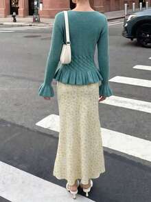 Women's Ribbed Knit Ruffle Trim Top, Square Neck Ruffle Hem Long Sleeve Sweater, With Ruffle Details, Slim Fit Cropped Length For Height Proportion, Suitable For Commute, Date, Daily Wear, Street, Coffee Shop Date, Inner Layer, Autumn/Winter Single Wear Base Layer - Mint Blue - View 10