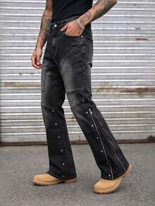 1pc Men's Stretch Denim Jeans, Zipper And Beaded Design, Street Style, Solid Color Versatile, Suitable For Daily Wear - Black - View 4