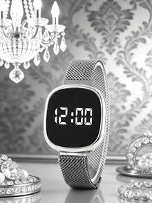 Casual Fashion Square LED Electronic Watch And Necklace Ring Earring Set, Holiday Gift, Daily Versatile, Back To School Season - Silver - View 3