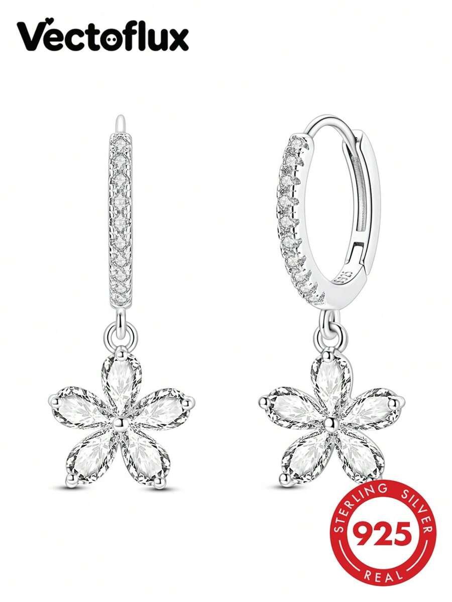 Vectoflux 1 Pair French Elegant Style S925 Sterling Silver Hypoallergenic Sparkling Five-Petal Flower Stud Earrings, Women's Wedding Party Birthday Jewelry Gift - KJE687 - View 1