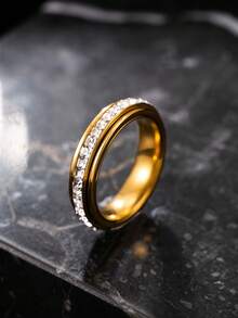 1pc Stainless Steel Gold Ring, Pave Set Colorful Square Rhinestone Thin Band, Versatile Accessory For Daily Wear, Date And Party - Multicolor - View 39