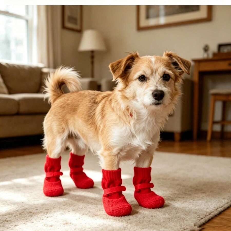 4pcs/Set Waterproof Pet Dog Shoes (Random Style), Non-Slip Soft Sole Scratch-Resistant, Washable And Reusable, Durable Pet Boots For Bichon, Corgi And Other Dog Breeds, Suitable For Rainy, Snowy And Hot Road Surfaces, Rainy Day Pet Shoes - Red - View 1