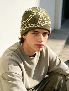 1pc Unisex Chain Jacquard Knit Beanie, Millennium Gothic Intertwined Chain Pattern Elastic Pull-On Hat, Streetwear Style, Suitable For Daily Wear, Skateboarding, Outdoor, Autumn/Winter - A - View 3