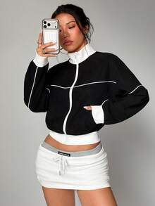 Women's Black Half-Zip Fleece Pullover Jacket, White Trim Sporty Windbreaker - Black - View 4