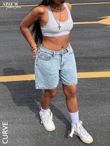 Plus Size Women's Solid Color Bermuda Denim Shorts Casual Summer - Snowflake - View 7