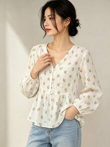 YUXIN 女士浪漫花卉印花V领灯笼袖上衣，面料柔软，多种颜色可选，宽松版型，适合夏季休闲/度假穿着 - 綠色 - 查看 4