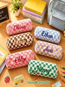 1pc Personalized Plaid Pencil Case, Customized Name Embroidered Stationery Box, School Supplies, Back To School Gift, Teacher's Day Gift, Personalized Makeup Bag, Toiletry Organizer Bag, Christmas Gift - Multicolor - View 1